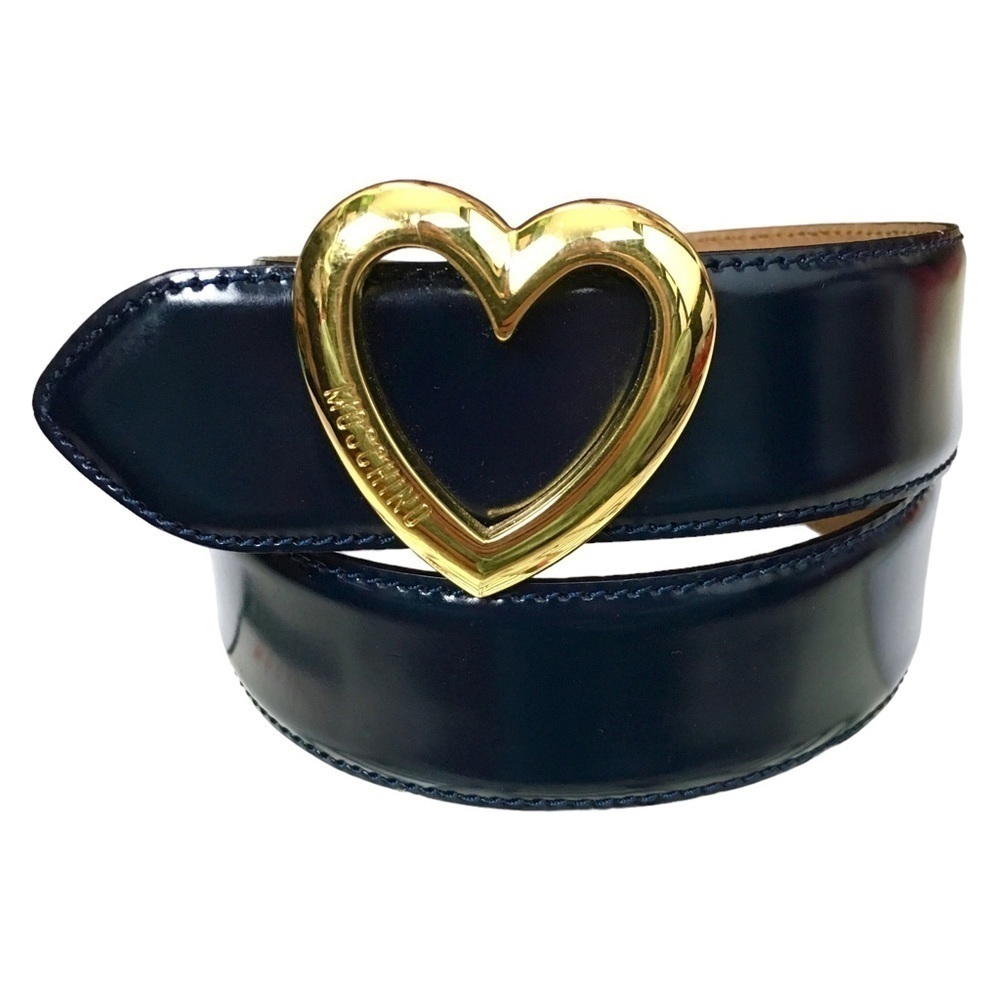 MOSCHINO Vintage Heart Buckle Belt All Genuine Leather Navy Gold Size 40 *FLAW*